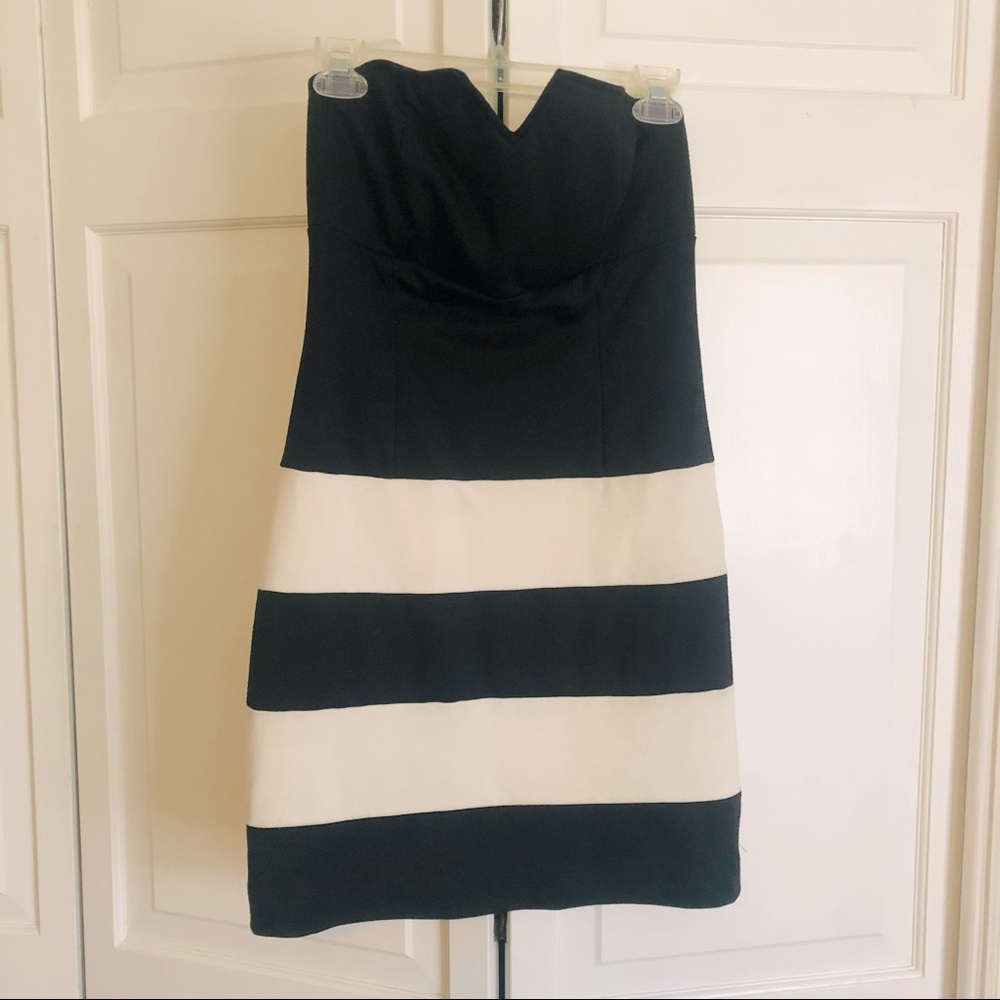 Black and White Strapless Stripe Dress